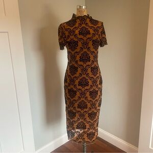 SHEIN- SZ M Mock Neck Split Hem Damask Flocked Mesh Dress